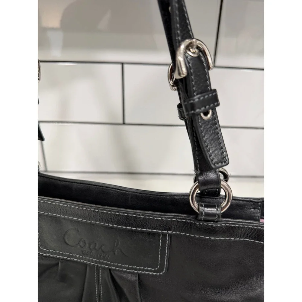 Coach Penelope Black Leather Pleated Shopper Tote Bag Silver Hardware